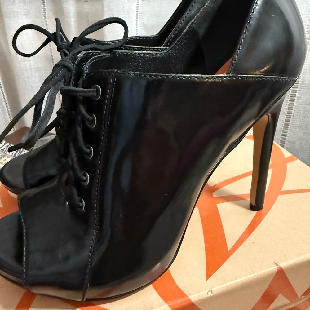 Via Spiga Black Patent Peep-Toe Lace-Up Stiletto Heels